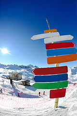 Image showing Sign board at High mountains under snow in the winter