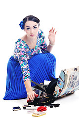 Image showing pinup retro  woman with travel bag isolated