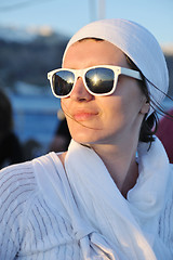 Image showing Greek woman on the streets of Oia, Santorini, Greece