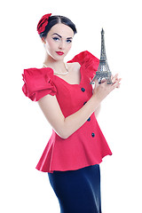 Image showing beautiful young woman with paris symbol eiffel tower