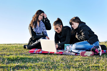 Image showing group of teens working on laptop outdoor