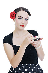 Image showing beautiful young woman eat sweet cake