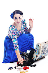 Image showing pinup retro  woman with travel bag isolated