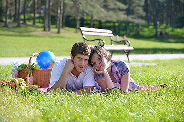 Image showing happy young couple having a picnic outdoor