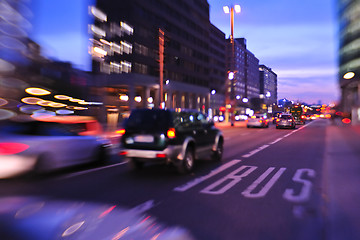 Image showing City night with cars motion blurred light in busy street