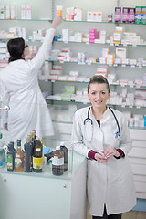 Image showing team of pharmacist chemist woman  in pharmacy drugstore