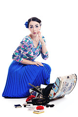 Image showing pinup retro  woman with travel bag isolated