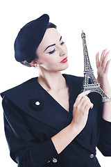 Image showing beautiful young woman with paris symbol eiffel tower