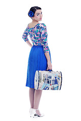 Image showing pinup retro  woman with travel bag isolated