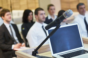 Image showing laptop on conference speech podium