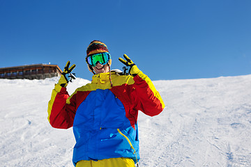 Image showing skiing on fresh snow at winter season at beautiful sunny day