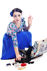 Image showing pinup retro  woman with travel bag isolated