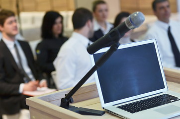 Image showing laptop on conference speech podium