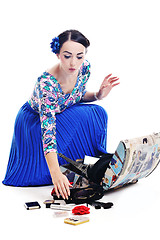 Image showing pinup retro  woman with travel bag isolated