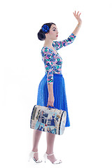 Image showing pinup retro  woman with travel bag isolated