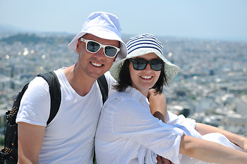 Image showing happy young couple tourists in greece