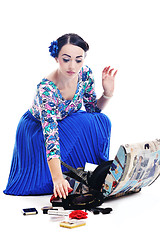 Image showing pinup retro  woman with travel bag isolated