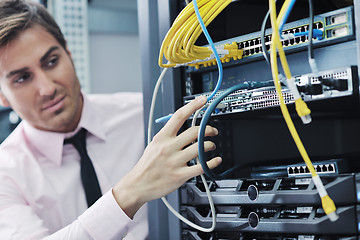 Image showing young it engeneer in datacenter server room