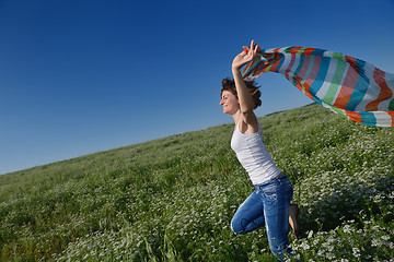 Image showing young woman in wheat field at summer