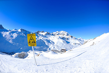 Image showing Sign board at High mountains under snow in the winter