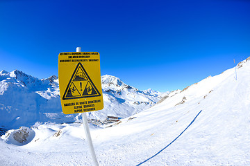 Image showing Sign board at High mountains under snow in the winter