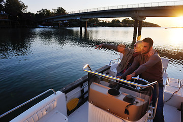 Image showing couple in love  have romantic time on boat