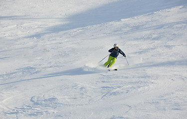 Image showing skiing on fresh snow at winter season at beautiful sunny day