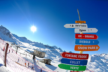 Image showing Sign board at High mountains under snow in the winter