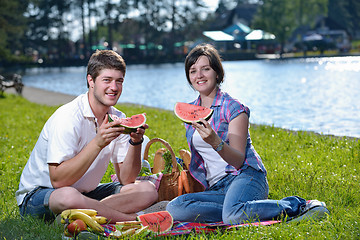 Image showing happy young couple having a picnic outdoor