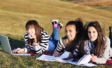 Image showing group of teens working on laptop outdoor