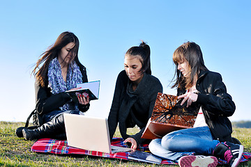 Image showing group of teens working on laptop outdoor