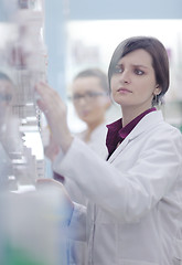 Image showing pharmacist chemist woman standing in pharmacy drugstore