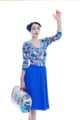 Image showing pinup retro  woman with travel bag isolated