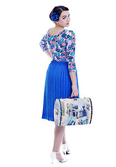 Image showing pinup retro  woman with travel bag isolated