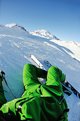 Image showing skiing on fresh snow at winter season at beautiful sunny day