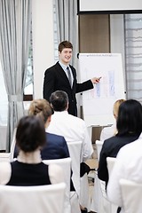 Image showing Young  business man giving a presentation on conference