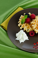 Image showing Tasty waffle with fruits 