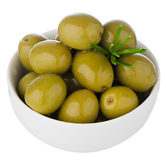Image showing Green olives in a white ceramic bowl