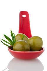 Image showing Olives on ceramic spoon