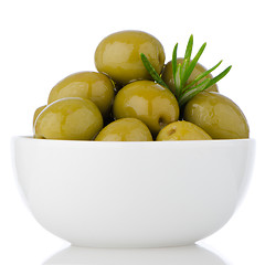 Image showing Green olives in a white ceramic bowl