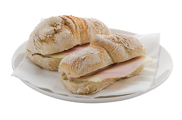 Image showing White plate of ham and cheese sandwiches