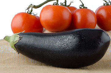 Image showing Eggplant and cherry tomatoes vine