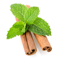 Image showing Cinnamon sticks and mint leaves