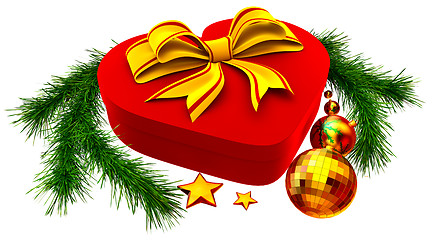 Image showing Christmas tree toys and gift with golden bow