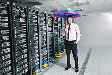 Image showing businessman hold umbrella in server room