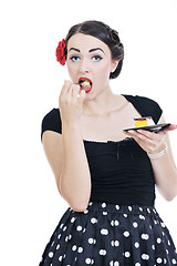 Image showing beautiful young woman eat sweet cake