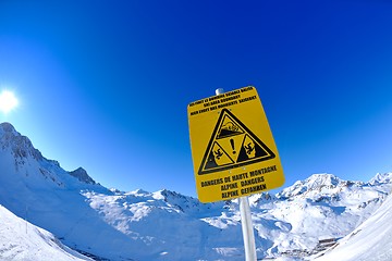 Image showing Sign board at High mountains under snow in the winter