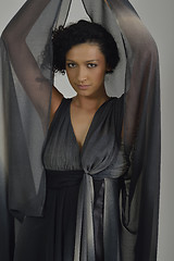 Image showing elegant woman in fashionable dress posing in the studio