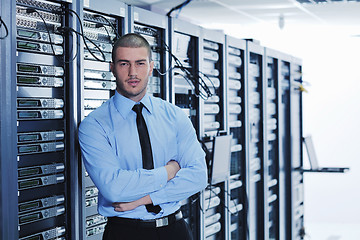 Image showing businessman with laptop in network server room