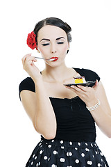 Image showing beautiful young woman eat sweet cake
